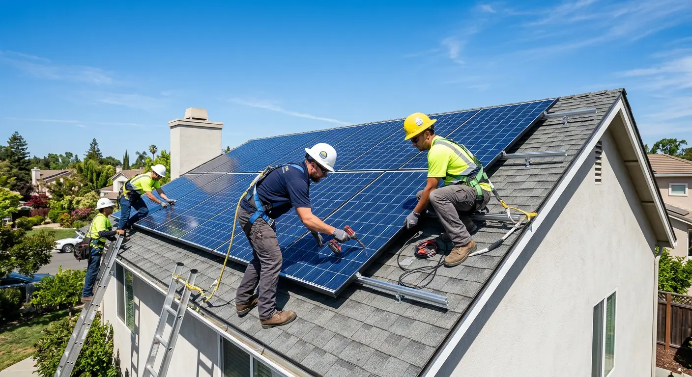 Professional solar installation team on rooftop