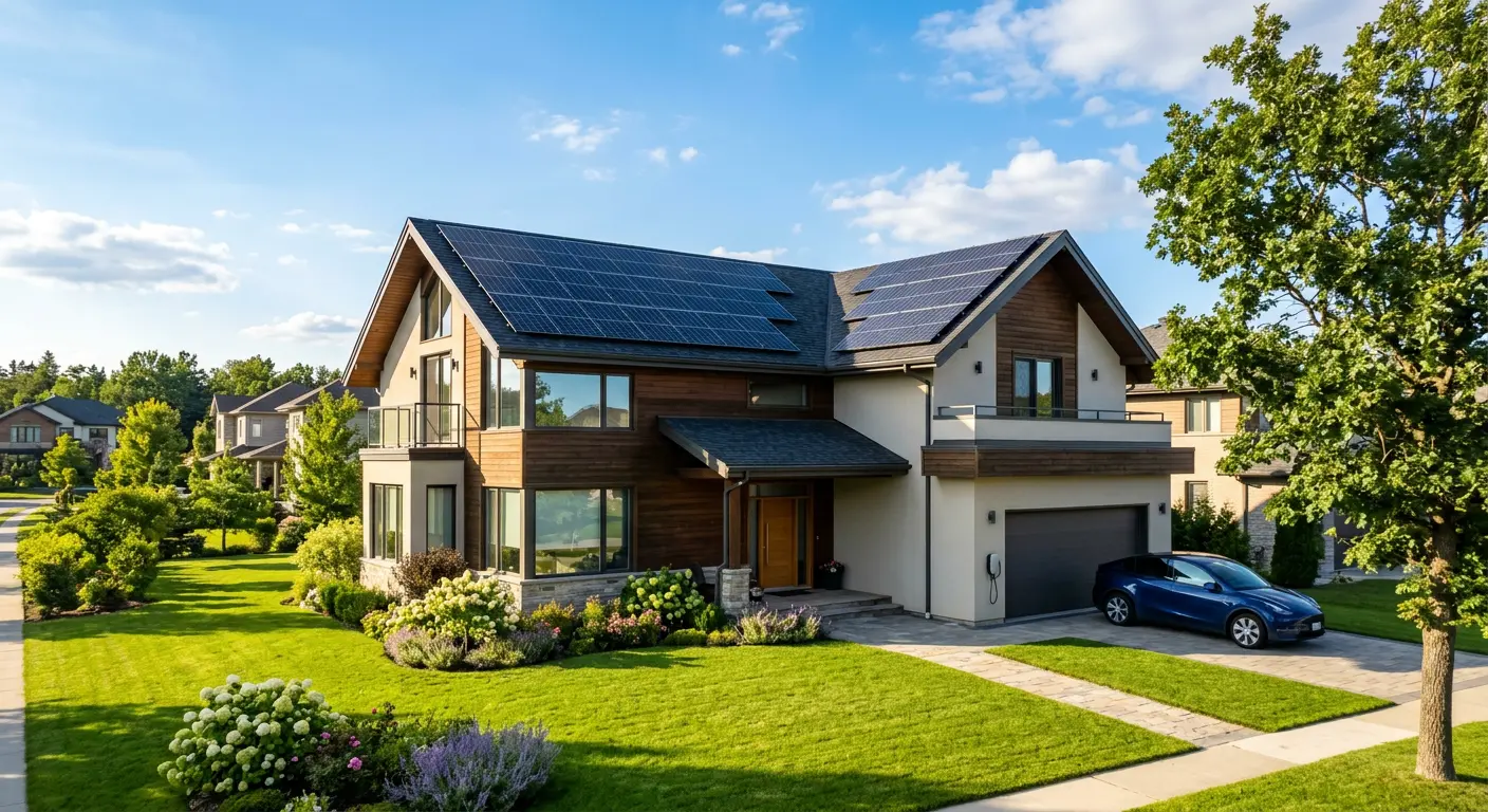Modern home with solar panels installed on the roof